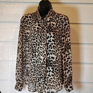 JOE FRESH BUTTON UP BLOUSE WOMENS SMALL CHEETAH LEOPARD SECRETARY NECK TIE RETRO